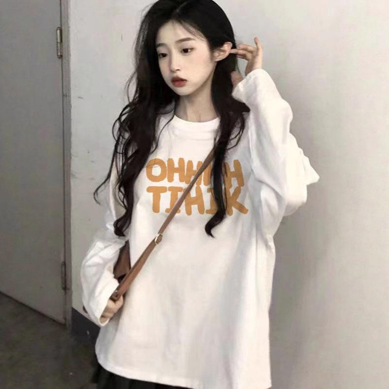 100% Cotton T-Shirt Women's Long-Sleeved Loose Spring & Fall Bottoming Shirt Simple and Versatile Casual Korean Style Student Inner Top