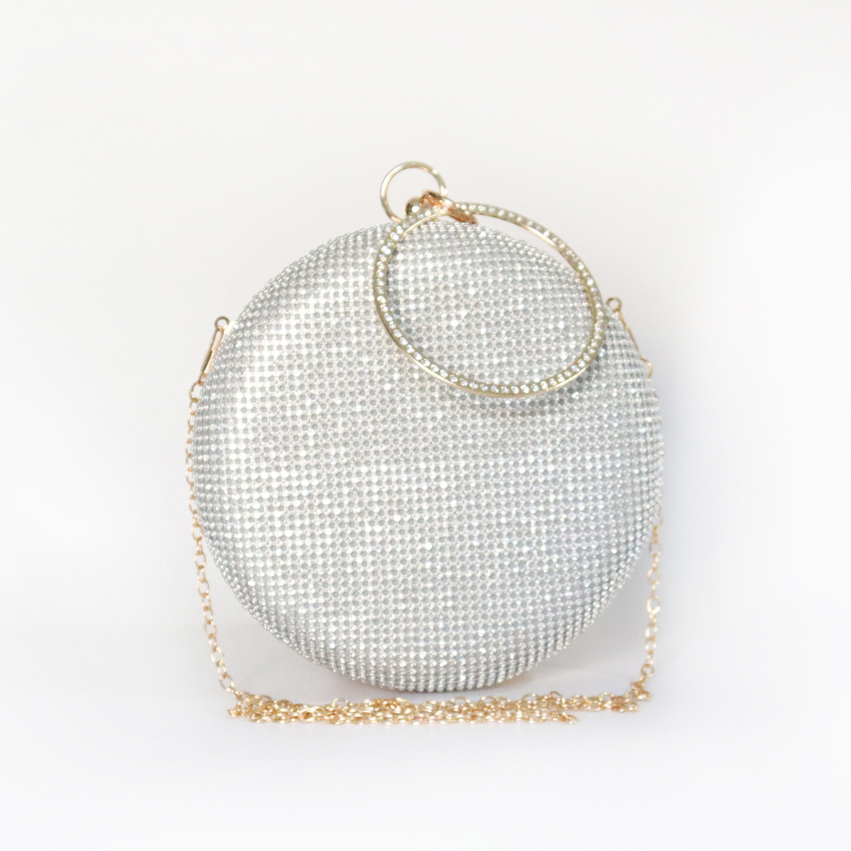 Bolso de noche transfronterizo nuevo Bolso de noche de diamantes de imitación hecho a mano incrustado bolso de noche bandolera portátil pequeño bolso redondo en stock
