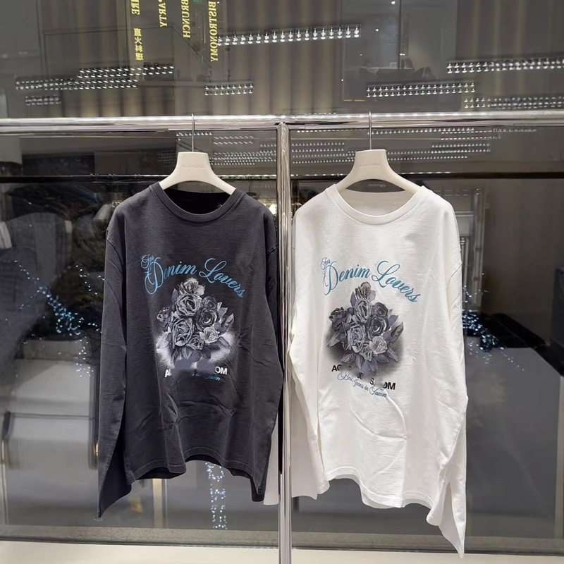 Acn*E Studio*S Men's and Women's Same Style Logo Casual Rose Print Round Neck Long-Sleeved T-Shirt