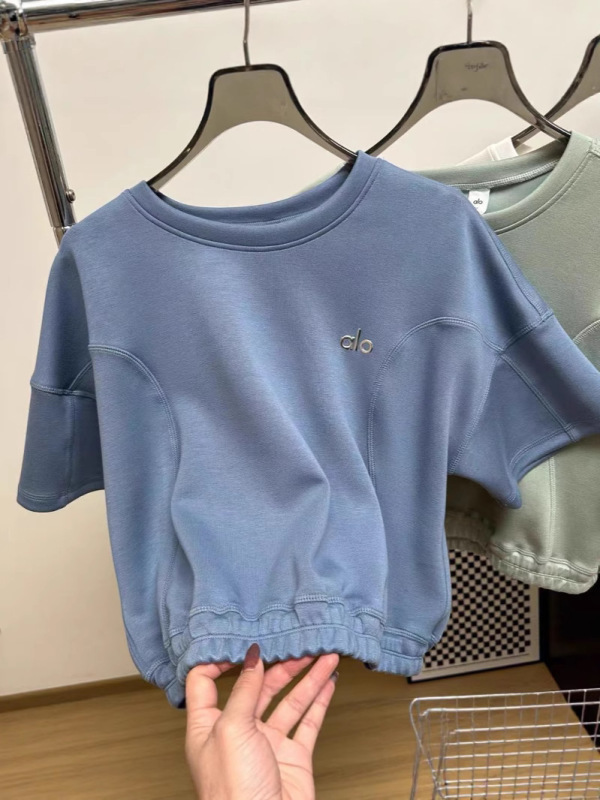 aloクラス 春夏 エアレイヤー ヨガ ショートTシャツ 伸縮性裾 おへそ出し ウエスト半袖トップス|undefined