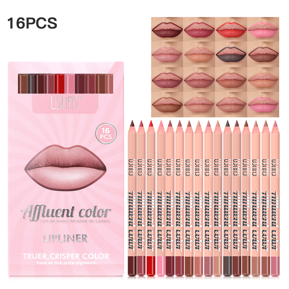 USHAS Juego de delineador de labios transfronterizo europeo y americano 16 tazas impermeables de larga duración fáciles de colorear mate P1028C