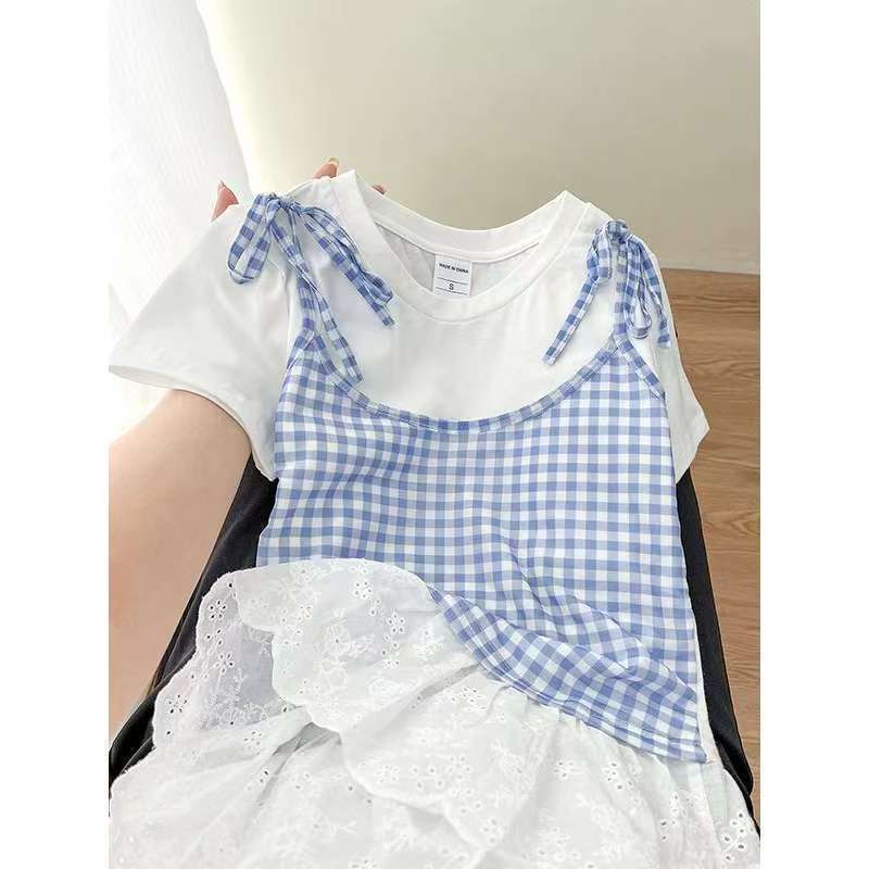 New Design with Unique Style, Summer Lace Hem T-Shirt, New Chinese-Style Lace Top, Faux Two-Piece T-Shirt, Versatile New Design with Unique Style, Summer Lace Hem T-Shirt, New Chinese-Style Lace Top, Faux Two-Piece T-Shirt, Versatile