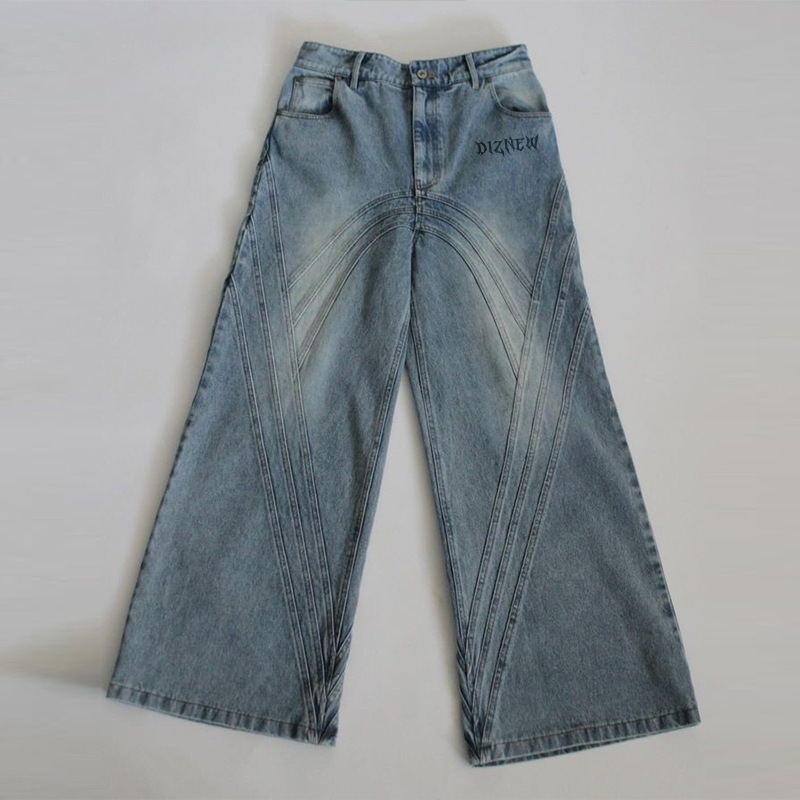 Diznew Manufacturer Custom Light Blue Splash-Ink Distressed Ripple Jeans Stacked Cut Flared Pants