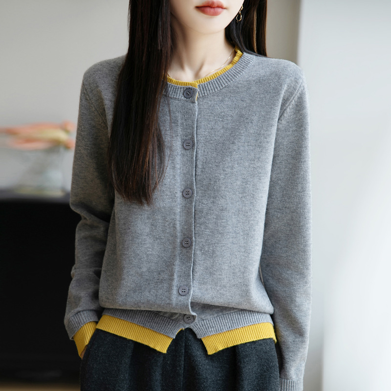 2025 New Autumn and Winter Women's Woolen Sweater Round Neck Cardigan Fake Two-Piece Contrasting Color Jacket Top Skin-Friendly Sweater Knitwear