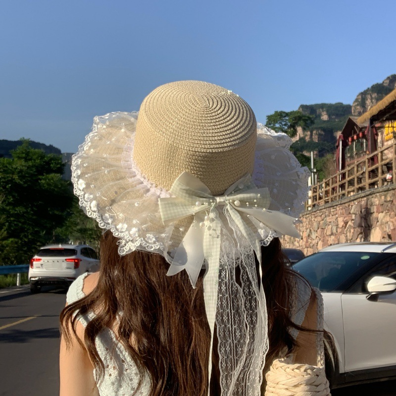 Fresh and Sweet Pastoral Style Bowknot Sun Hat for Women, Beige Straw Hat, Japanese Style Versatile Summer Hat for Photos