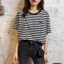 明星同款短袖t恤女欧货高端卡通黑白条纹显瘦休闲百搭上衣7178