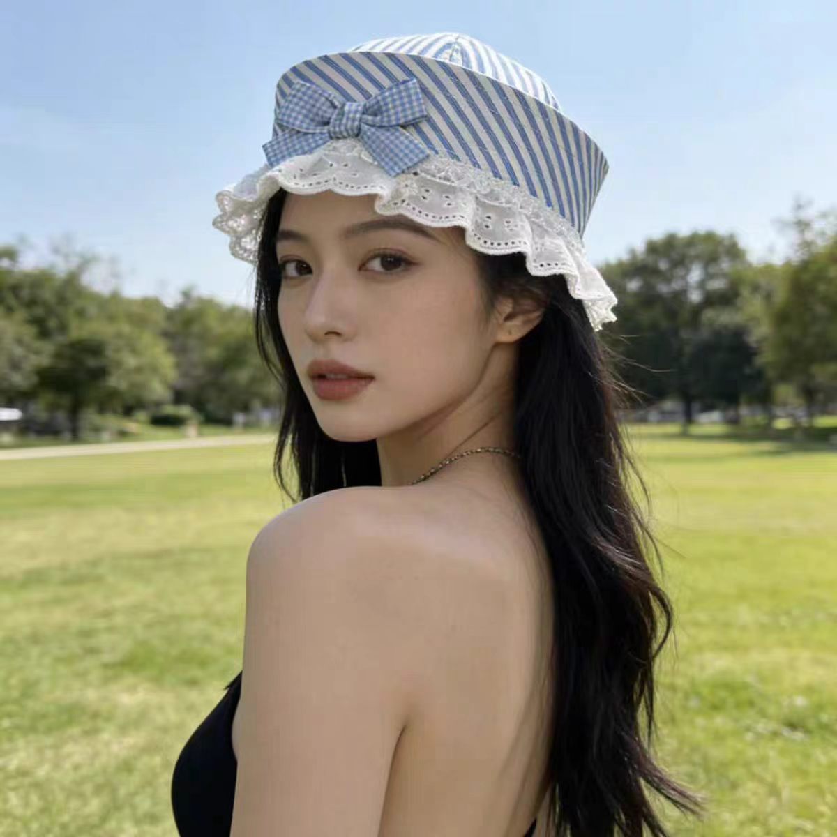 새로운 블루 스트라이프 레이스 리본 세일러 모자