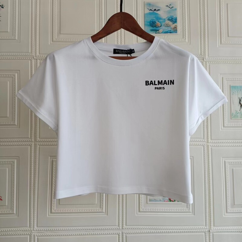 European and American Trendy Brand New Balmain Flocked Small Letter Top Balmain Cotton Curled Sleeves Short Versatile T-Shirt