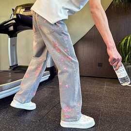 满印玫瑰花朵牛仔裤男款秋季美式复古直筒裤子时尚百搭宽松阔腿裤