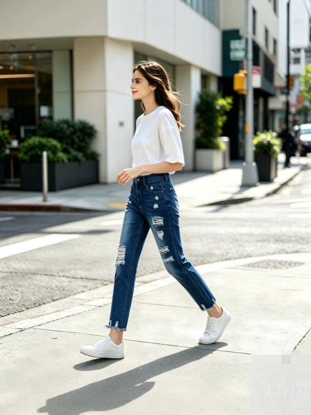 Jeans Rectos con Rasgados para Mujer de Mezclilla de Algodón con Cintura Alta