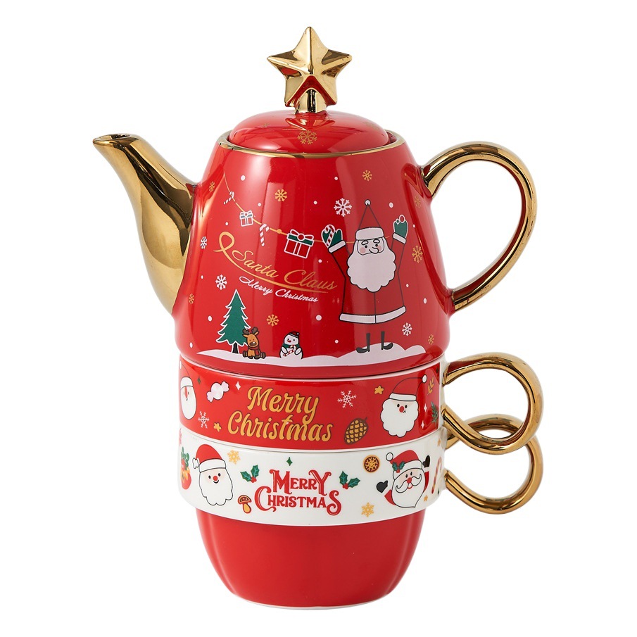 Chapado en oro juego de té ins Navidad tetera de cerámica Amazon Venta caliente especial regalo de Navidad una olla y dos tazas