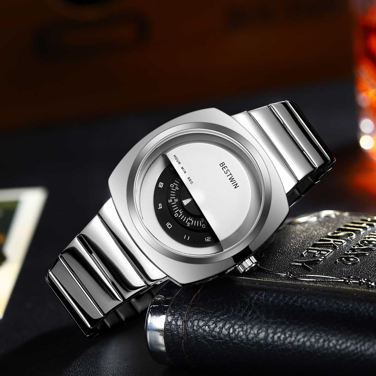 BESTWIN 남성 패션 손목시계 42mm 스테인리스 밴드 30M 방수 쿼츠시계 219-1