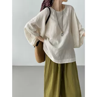 那末 苎麻淡颜系 韩系简约莱赛尔灯笼袖小衫女夏透气防晒上衣5100