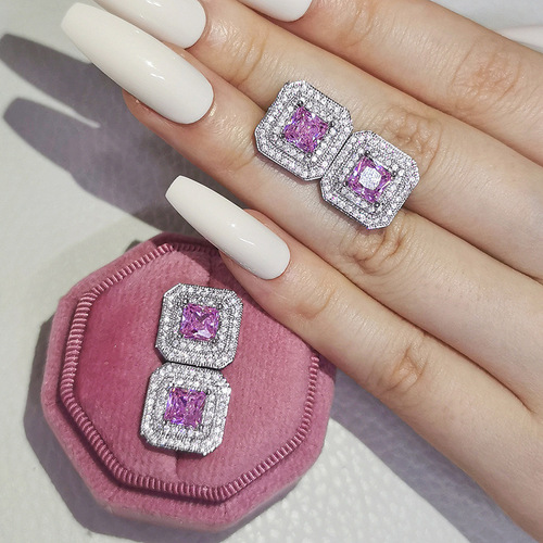 18k White Gold Fashion Square Stud Earrings with Diamond Herringbone Setting, Cross-Border Supply e668