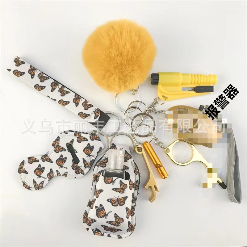 Llavero de muñeca de espejo cruzado Juego de 10 piezas Bolsa de desinfectante de manos para mujer Llavero de alarma de aluminio