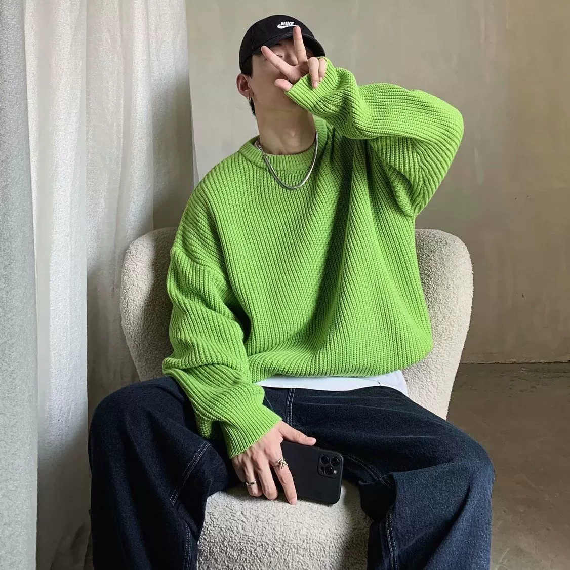 Демисезонный вязаный свитер с круглым вырезом, трендовая куртка, oversize, утолщённый