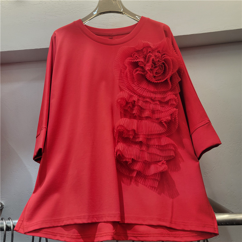 Camiseta de manga corta de flor tridimensional de industria pesada 2026 primavera y verano coreana suelta y delgada de color sólido Camiseta casual versátil