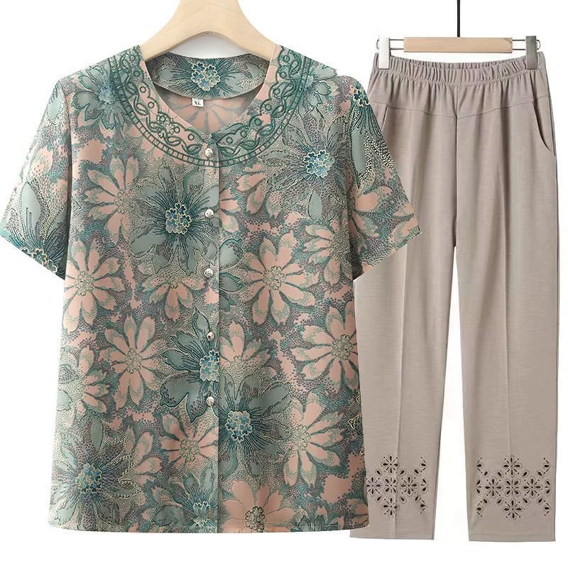 Летние рубашки с короткими рукавами для женщин среднего и пожилого возраста для мам, летняя одежда из двух предметов для бабушки, костюм для бабушки.