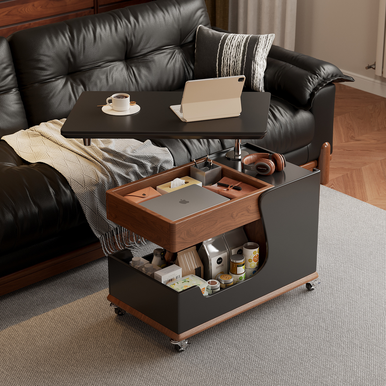 Sofá de lado de la sala de estar ligero de lujo de alta sensación de madera sólida gabinete elevación mesa de cama móvil mesa de té carro pequeño