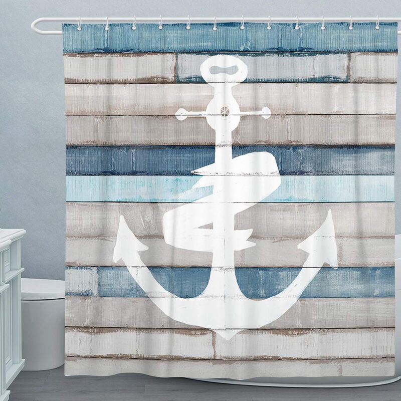 Cross-Border Dropshipping Navy Blue Anchor Wood Grain Pattern Bathroom Shower Curtain Home Decoration Polyester