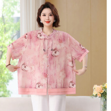 大码短袖衬衫女中年妈妈夏装小衫衬衣新款洋气民族风上衣T恤衬衫