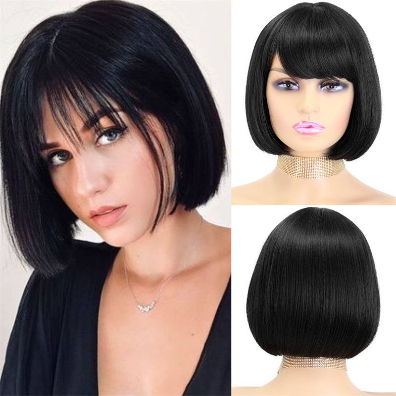 Fábrica directa europea y americana pelucas mujeres negras, cabello corto y recto BOBO fibra química pelucas de cabello completo una pieza de cabello
