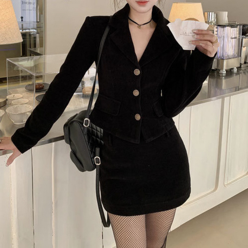 샤오 샹 스타일 세트 블랙 세트 재킷 여성 가을 겨울 한국 드라마 짧은 힙합 스커트 투피스 세트 착용