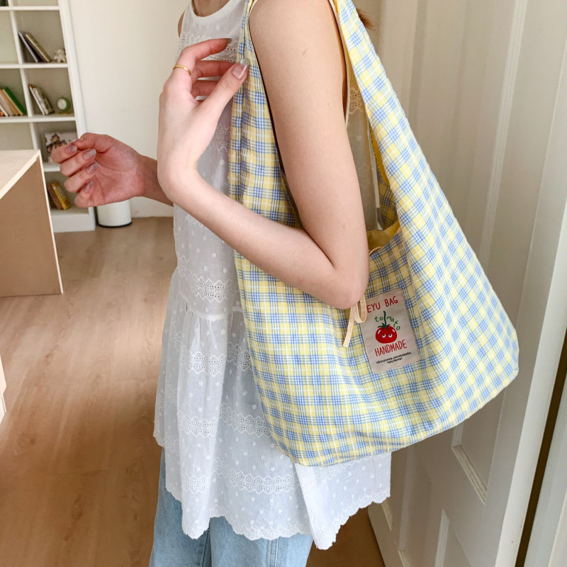Korean Cartoon Tomato Label Plaid Vest Bag Large Capacity Student Class Double-Sided Backpack Fashionable Versatile Shoulder Bag