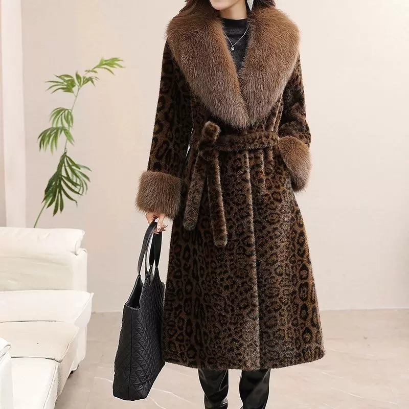 Women's Winter Long Coat, Leopard Pattern Mid-Length, Belted, Sizes L–4XL
