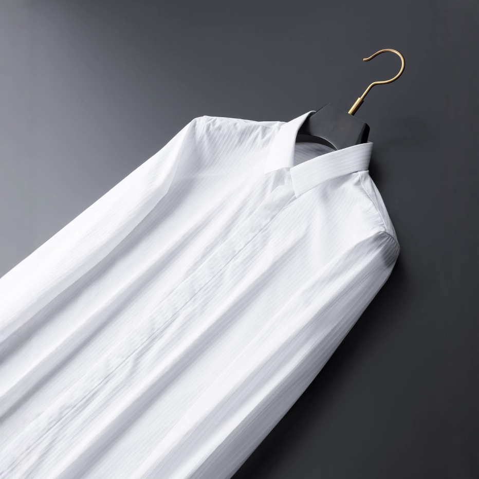 Áo sơ mi nam dài tay sọc Jacquard cổ nhọn dáng ôm — Màu trắng