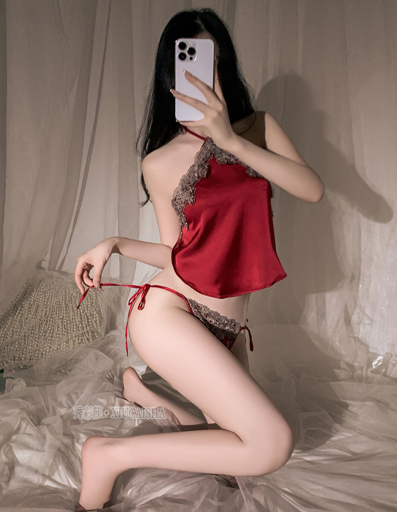 Retro Lace-up Bellyband Pajama Set with Matching Briefs, Wine Red Polyester — detail image 11