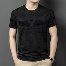 批发夏季圆领冰丝感短袖t恤男士轻薄款青年半袖高端潮流T恤衫轻奢