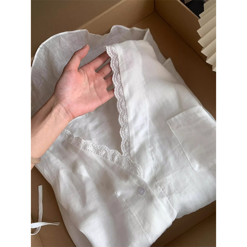 Recommended! High-Quality French Lace V Neck Ramie Sun Protection Shirt for Women Summer Lazy Style Loose Long-Sleeved Sun Protection Outer Wear