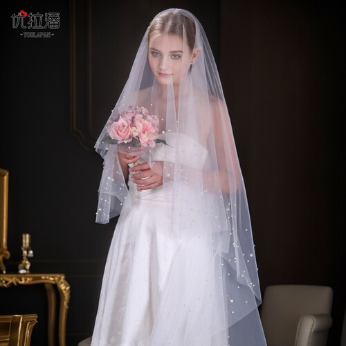 Ulapan Korean style wedding double layer veil wedding dress accessories clothing bride retro pearl veil beading V171