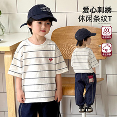 男の子半袖tシャツ子供夏服上着2025夏新作男の子純綿ストライプ半袖夏服