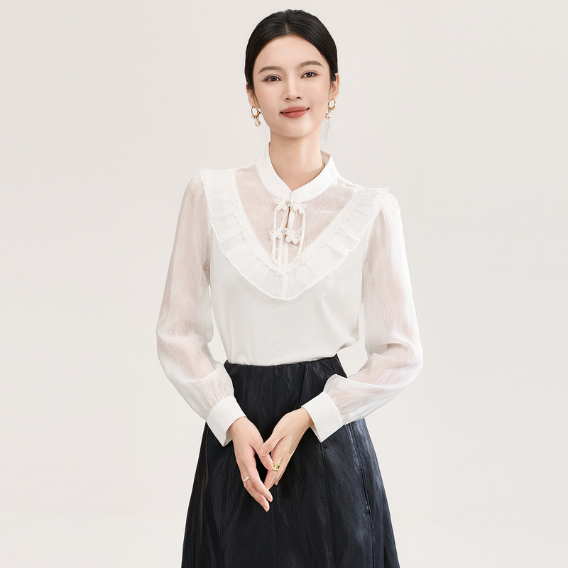 2601608-Chinese Style Lace Knit with Glass Yarn and Pearl Button Cheongsam-Style Shirt for Women, Spring Model, Nanyou Top 2601608-Chinese Style Lace Knit with Glass Yarn and Pearl Button Cheongsam-Style Shirt for Women, Spring Model, Nanyou Top