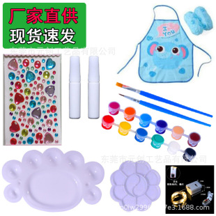 Children's handmade DIY accessories multi-color paint brush glue apron foot plum palette diamond sticker LED light