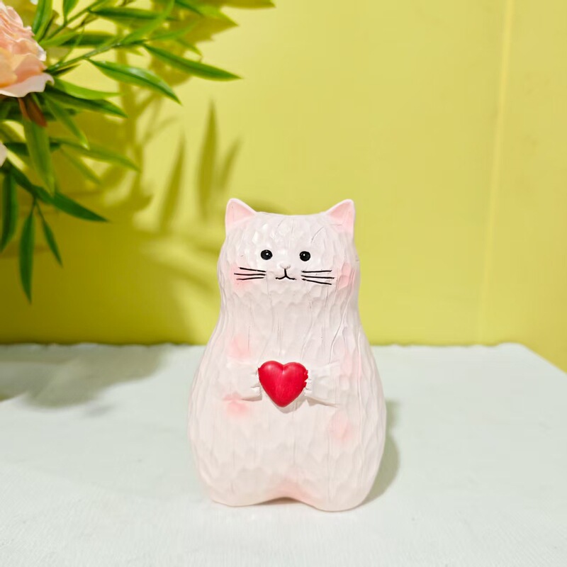 跨境粉红爱心猫树脂摆件多功能室内花盆花瓶粉红猫咪家居装饰创意|undefined