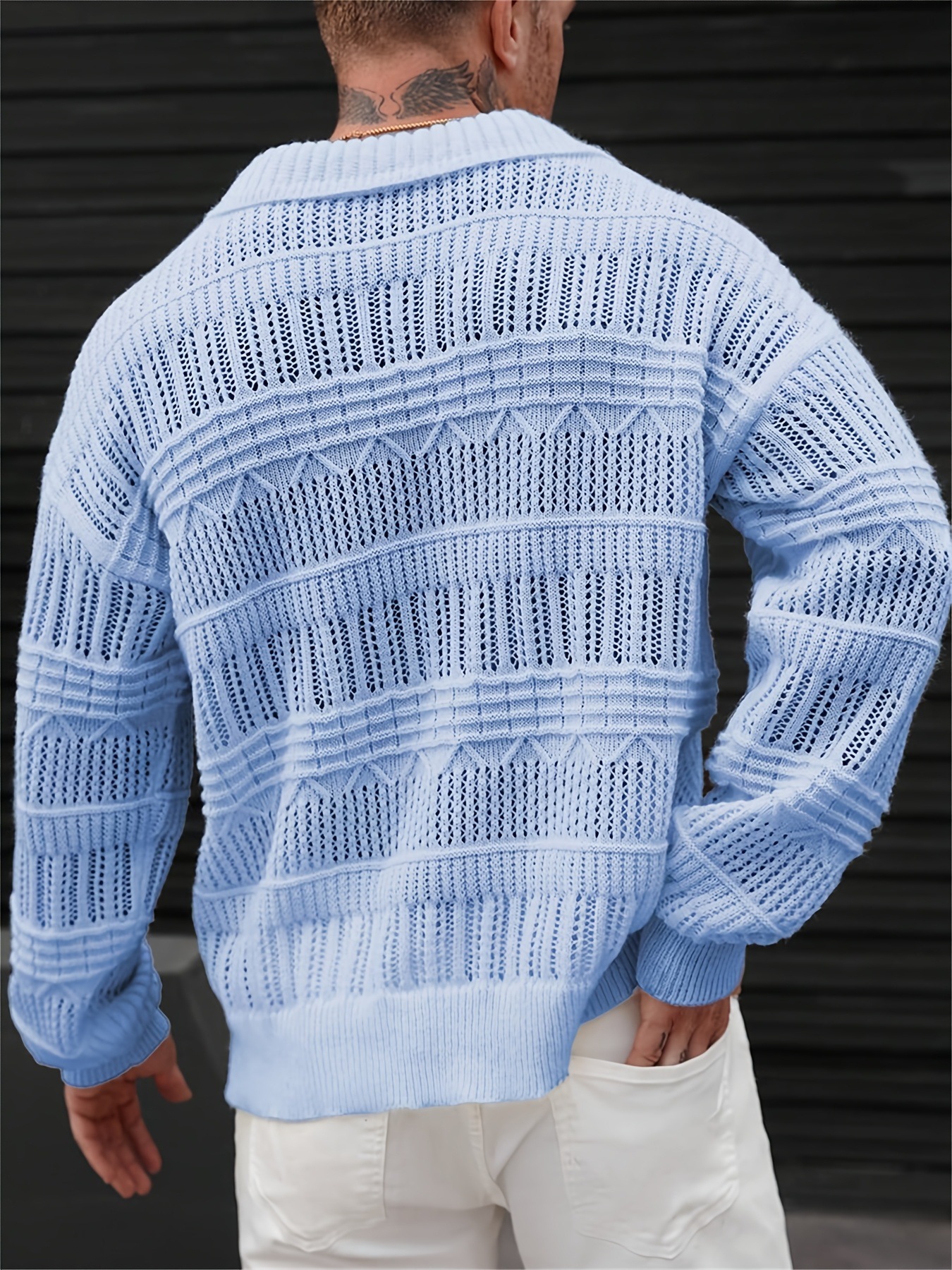 ​Men's Streetwear Hollow-Out Knit Shirt Fashion Loose Fit Short Sleeve Collared Pullover Polyester Breathable Summer Casual​_viptrois.com
