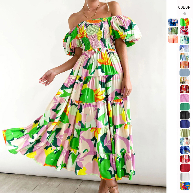2026 Summer New European and American Style Puff Sleeve Vacation Slimming Long Dress Hot Girl High Waist Off-Shoulder Printed Dress for Women