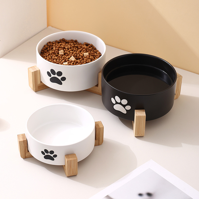창조적 인 간단한 스타일 고양이 발 인쇄 똑바로 입 그릇 나무 랙 세라믹 애완 동물 그릇 고양이 그릇 개 그릇 안티 노크 물 그릇 개 분지