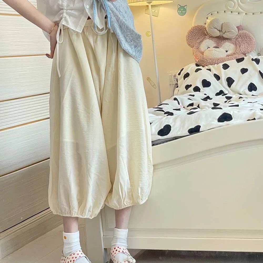 日系软妹松紧腰休闲裤子女春秋薄款宽松百搭可爱阔腿七分裤潮ins