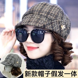 Mom hat wig integrated female super short curly wig realistic natural hat with hair autumn and winter full head cover