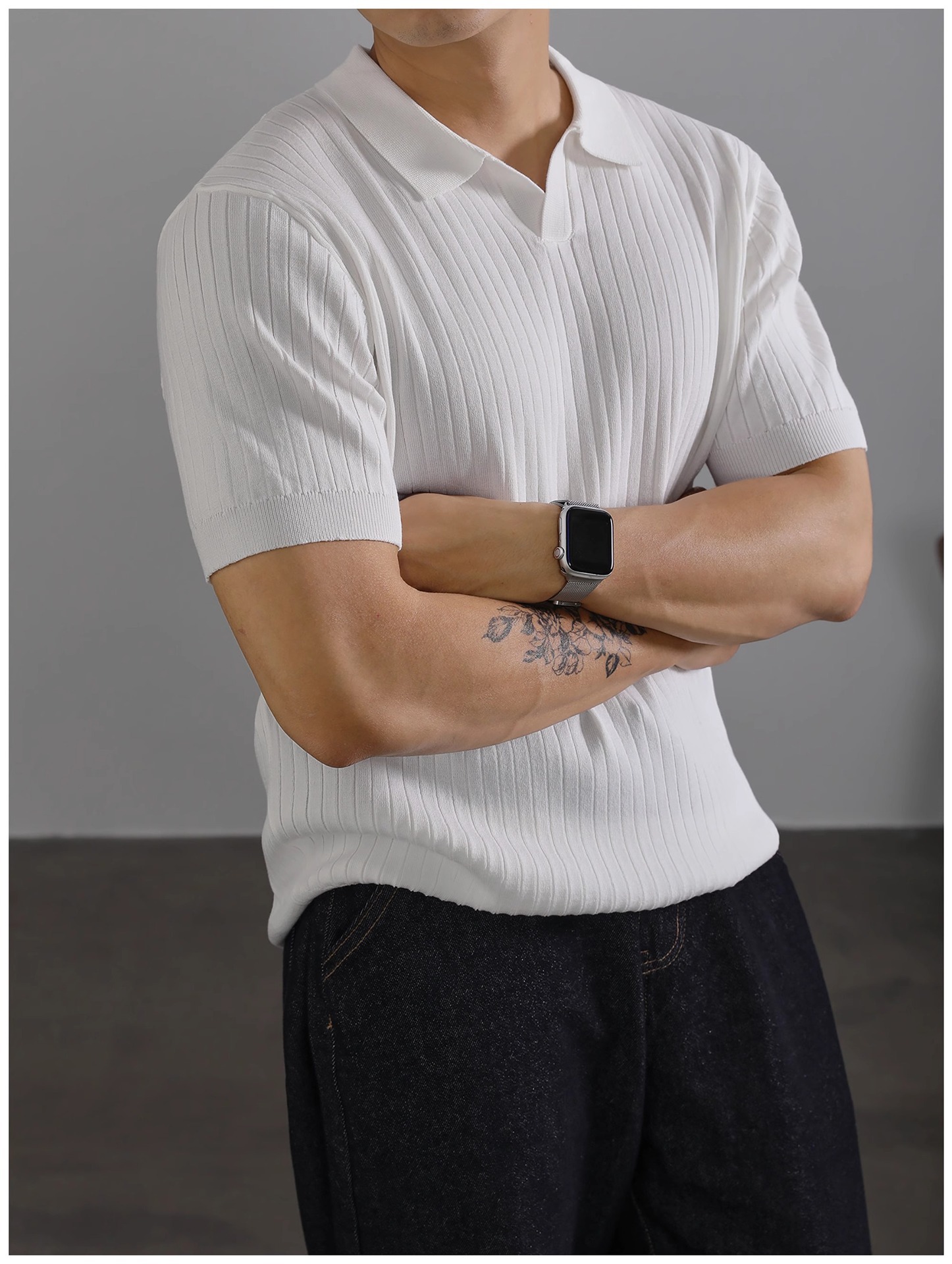 Herren Polo Shirt Strick Kurzarm Gestreift Aus Eisseide_voghion.com