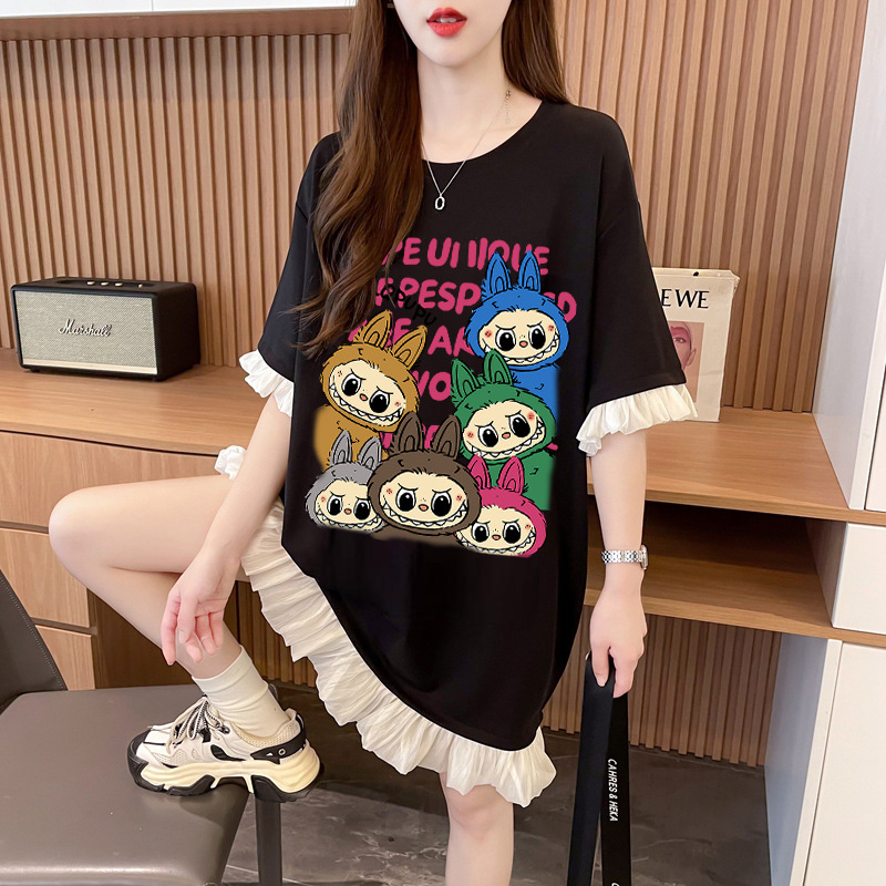 FA37021# 蕾丝拼接T恤裙女夏韩版宽松大版卡通洋气减龄设计感假两件连衣裙 服裝批發女裝批發服飾貨源