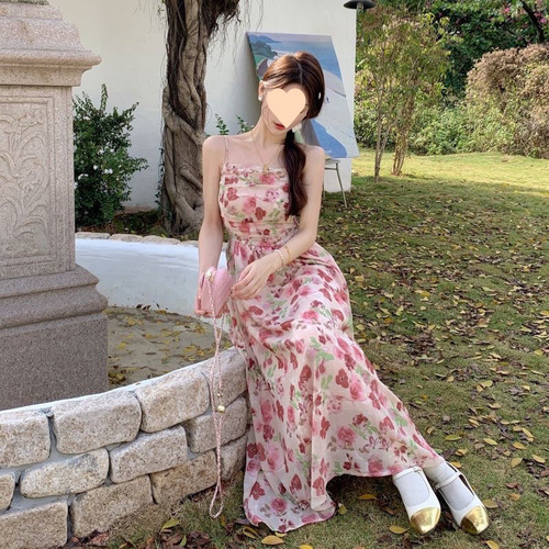 Floral Strappy Dress for Women - 2025 Spring New Arrival French Style Versatile Open Cardigan Waist Cinching Long Strappy Dress Two-Piece Set