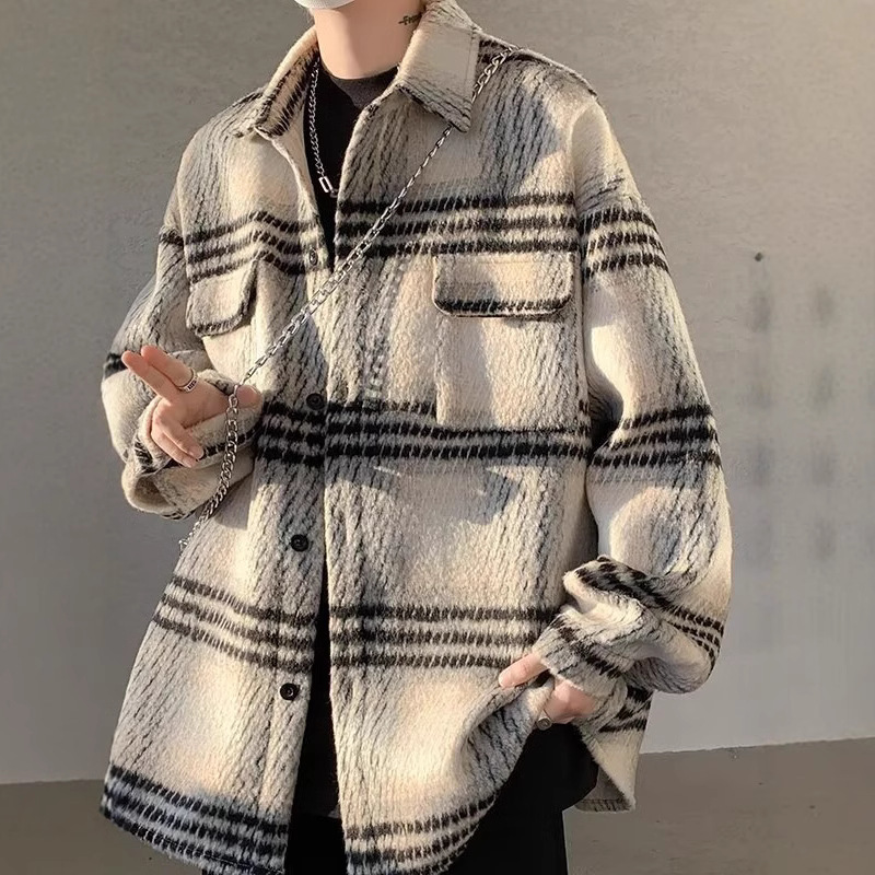 Men's Autumn and Winter Woolen Cardigan Shirt American Retro Plaid Woolen Jacket Men's Thickened Jacket Men's Clothing