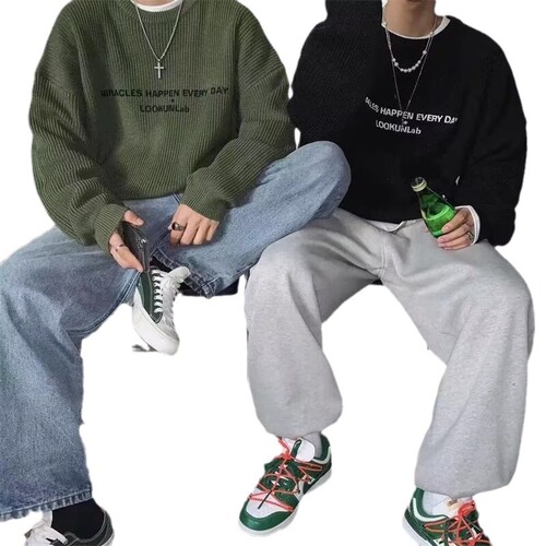 Men's Stylish Korean Version Ins Hong Style Hooded Sweatshirt Couple Trendy Lazy Round Neck Letter Embroidered Loose Knit Top