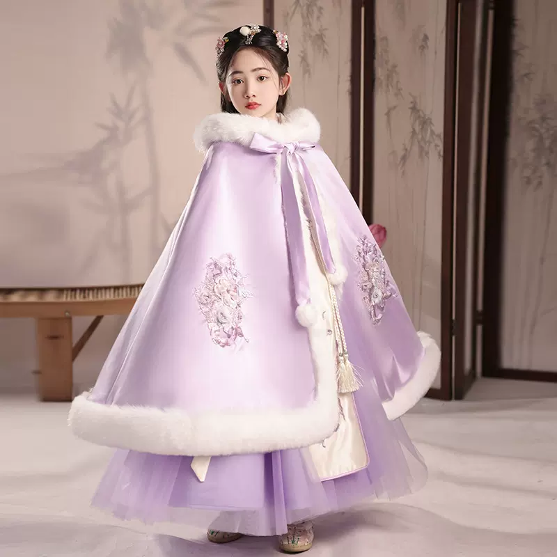 紫色女童汉服夏季加绒超仙中国风演出服女孩唐装拜年服新年装加厚