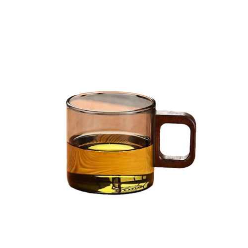 Glass small teacup high borosilicate thickened high-temperature resistant minimalist anti-scald handle guest cup walnut wood handle tea cup